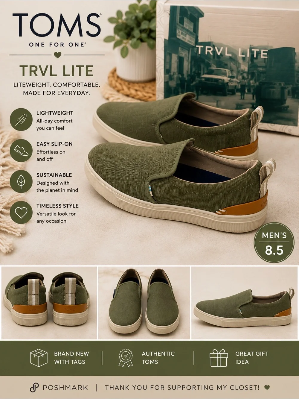 TOMS TRVL Lite Slip-On Sneakers in Olive Green and Tan Accent